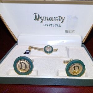 Vintage 1950s–60s Swank Dynasty “D” Jade & Gold Initial Cufflinks + Tie Clip Set